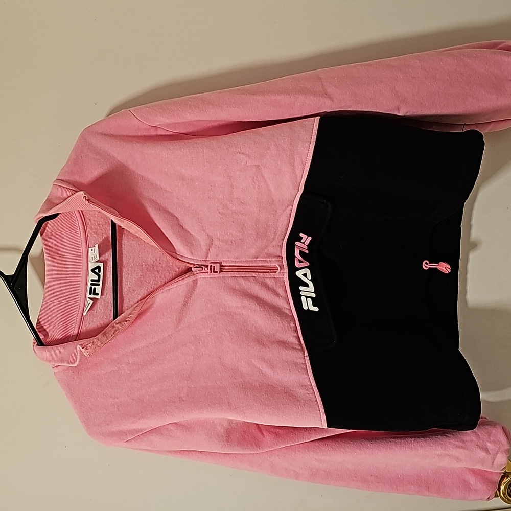 Fila Pink and Black Slightly Cropped Half Zip Sweat Shirt. Medium.